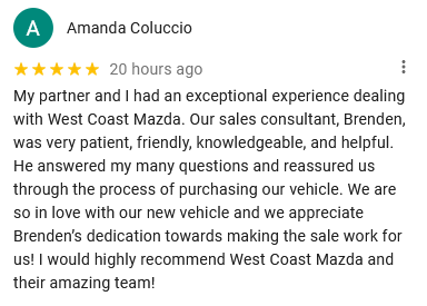 Amanda - Google Review - 5 Star - West Coast Mazda